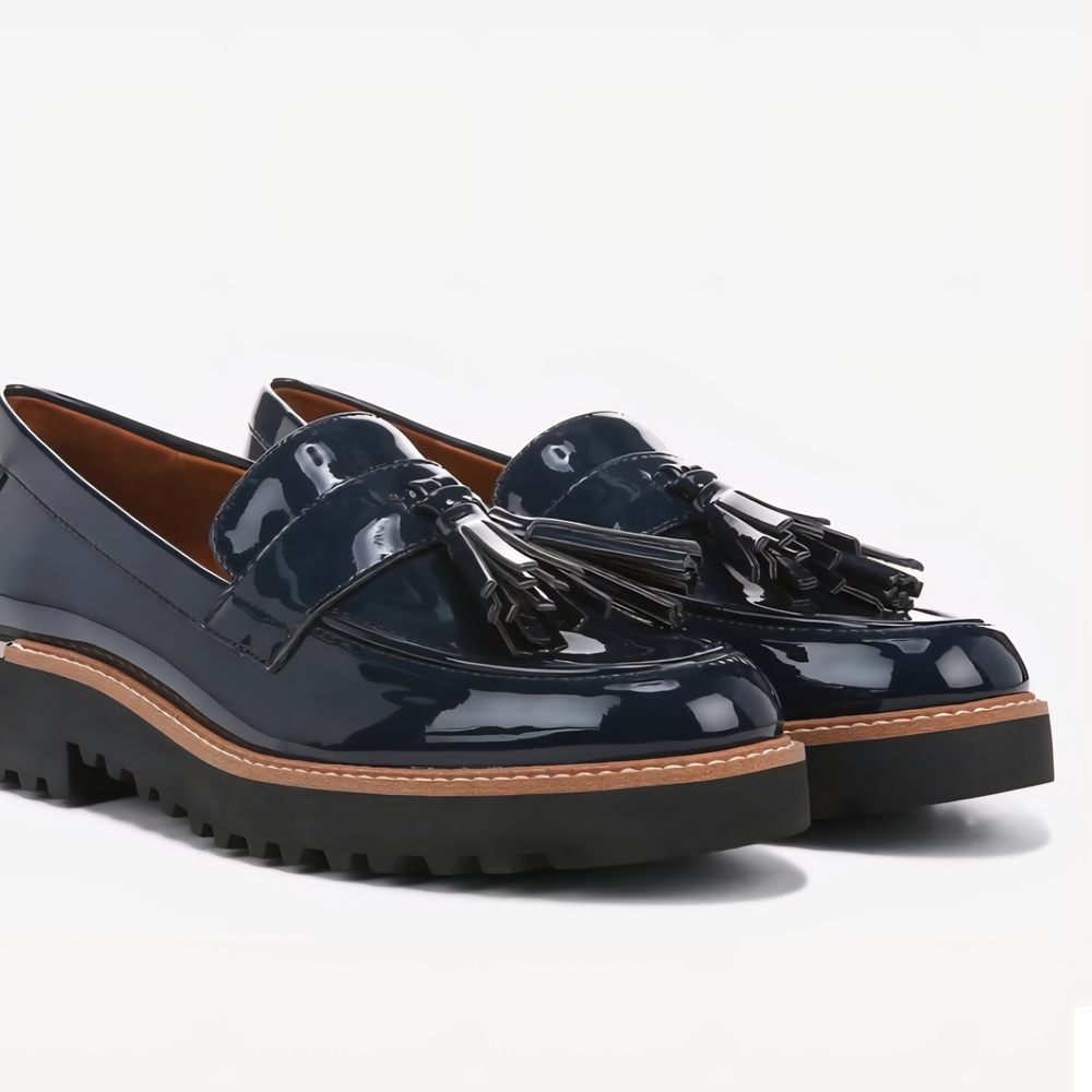 Blue and Black Loafers with Tassels and Chunky Sole